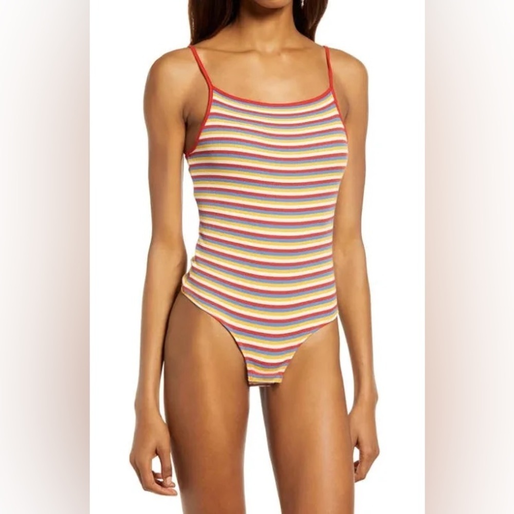 Madewell Rainbow Stripe Ribbed Thong Bodysuit in Windmill Stripe Kilt Red XL